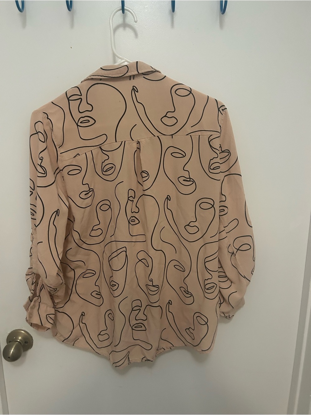 Light Beige Abstract Face-Print Button-Up Blouse - Picture 3 of 6